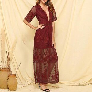 NWT Eleter sz Medium Deep V Neck lace romper short sleeve long dress